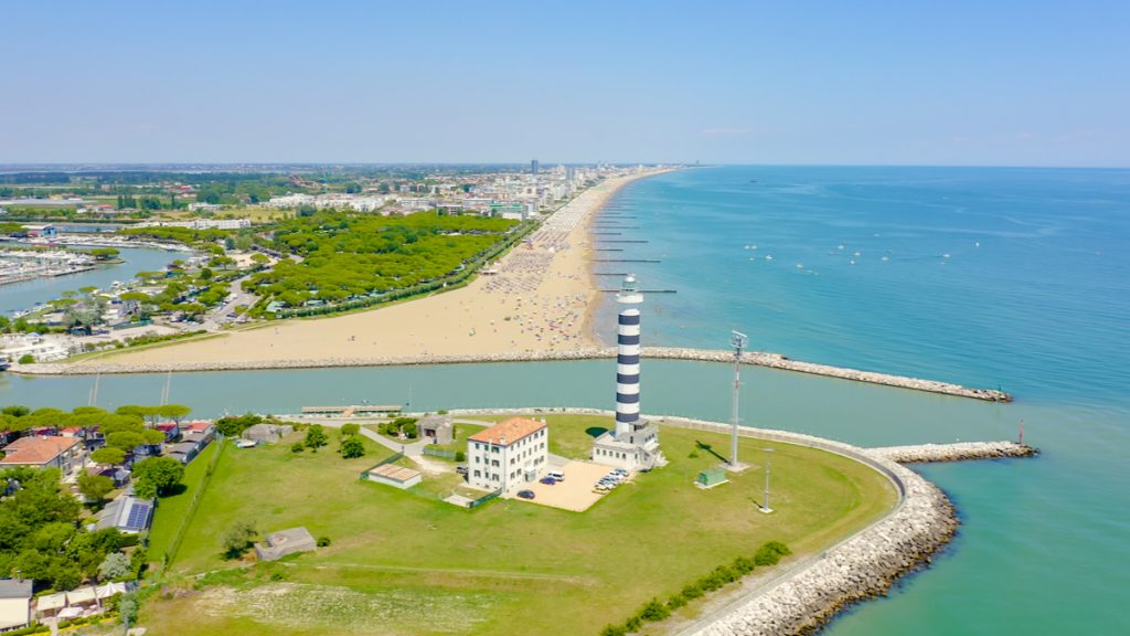 Aerial view of Jesolo Beach and lighthouse.