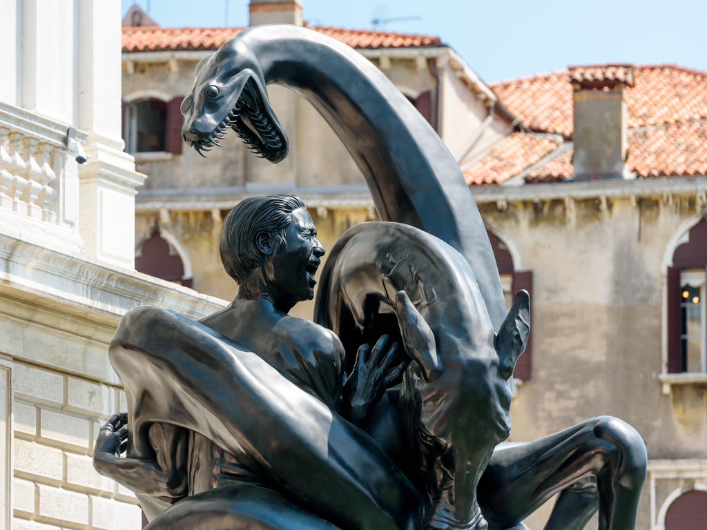 “Fate of the Banished Man” by Damien Hirst outside of the Palazzo Grassi in Venice.