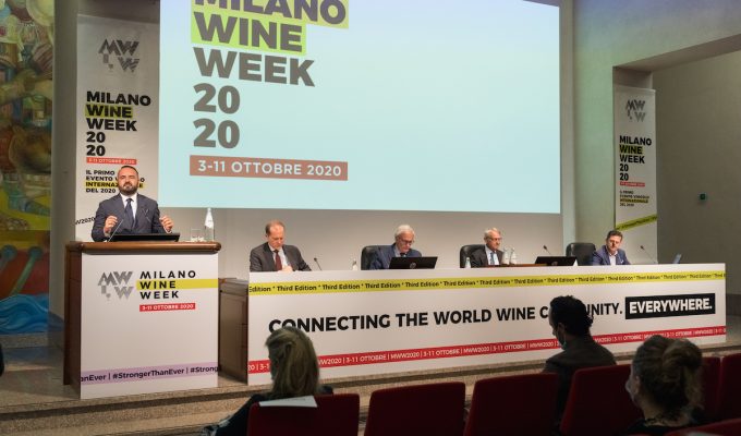 Speaking presentation at Milano Wine Week 2020. Photo of presenters.
