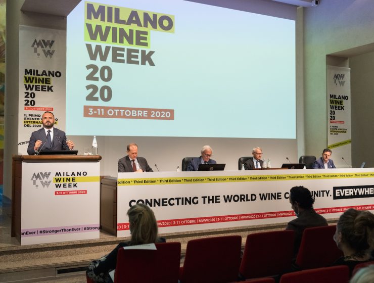 Speaking presentation at Milano Wine Week 2020. Photo of presenters.