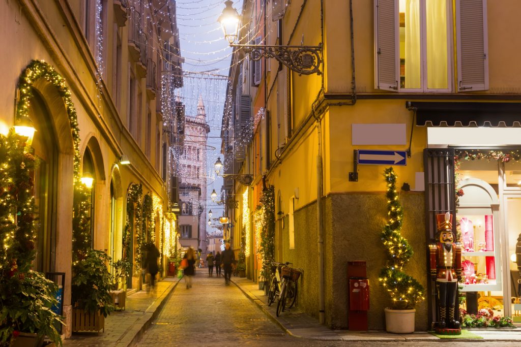 Street in Parma, Emilia Romagna Italy with Christmas lights.