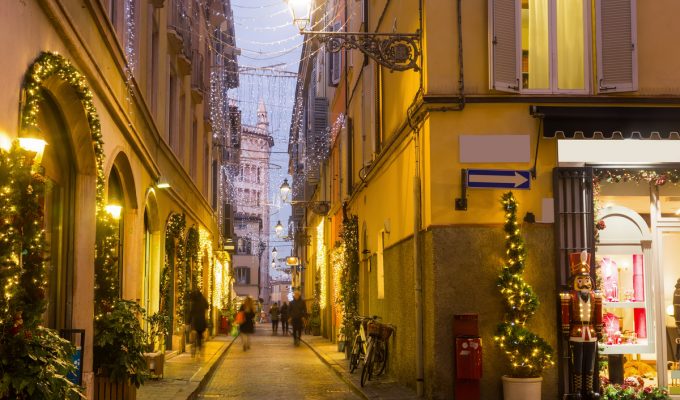 Street in Parma, Emilia Romagna Italy with Christmas lights.