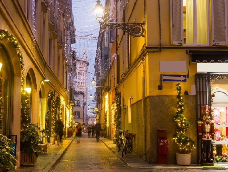 Street in Parma, Emilia Romagna Italy with Christmas lights.
