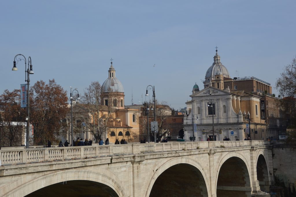 Bridge over the Tiber River in Rome looking at Piazza del Popolo.