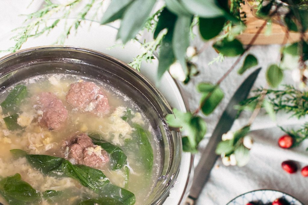 bowl of soup, christmas greens