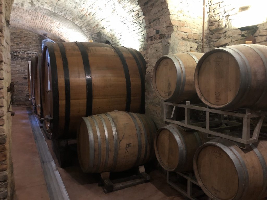 Large wine barrels in Piedmont winery.