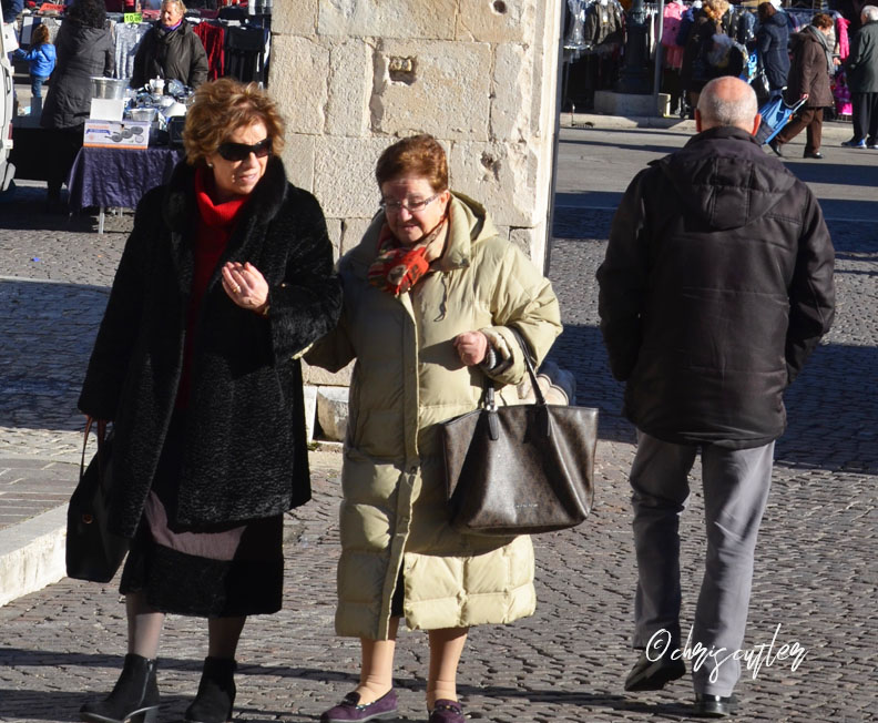 two well-dressed women walking from market