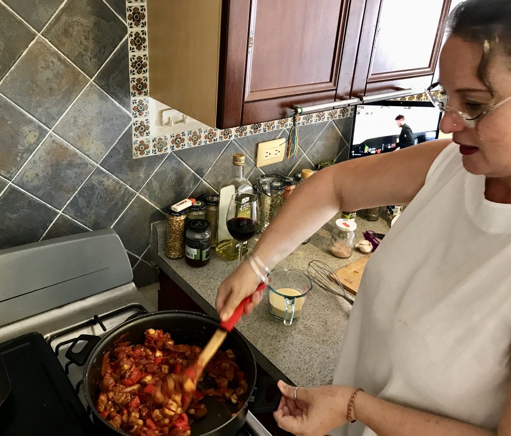 virtual vegan cooking class. Watching and making caponata with an Italian Chef