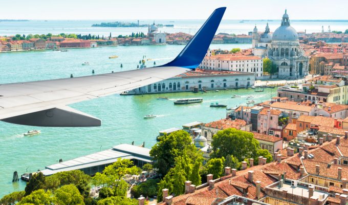 Quaratine-free flights from US to Italy: aerial view from plane over Venice