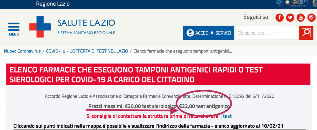 Screenshot of Lazio, Italy's website