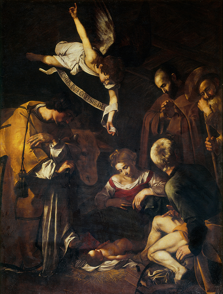 Christmas paintings by Italian artists: Caravaggio, Nativity with St. Francis and St. Lawrence, 1600
