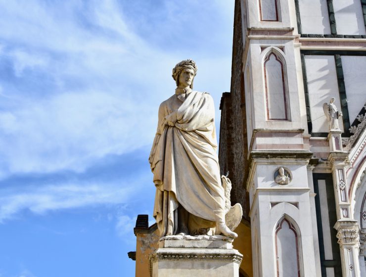 Dante Alighieri Day - Dante statue near Santa. Croce Cathedral in Florence.