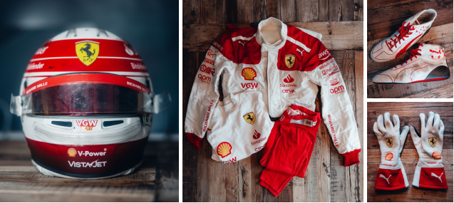 Charles Leclerc iconic helmet, one-of-a-kind race suit, boots, and gloves, 