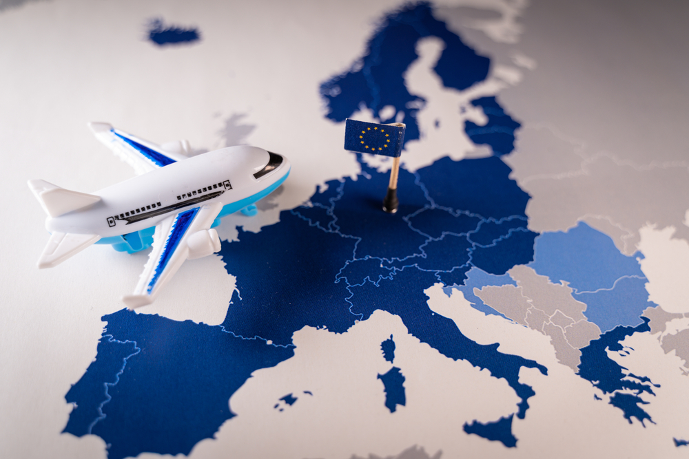 ETIAS and Entry/Exit - toy plane over map of European Union