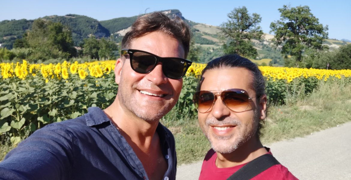 Gary and David of D&G Design in Marche Italy sunflower field