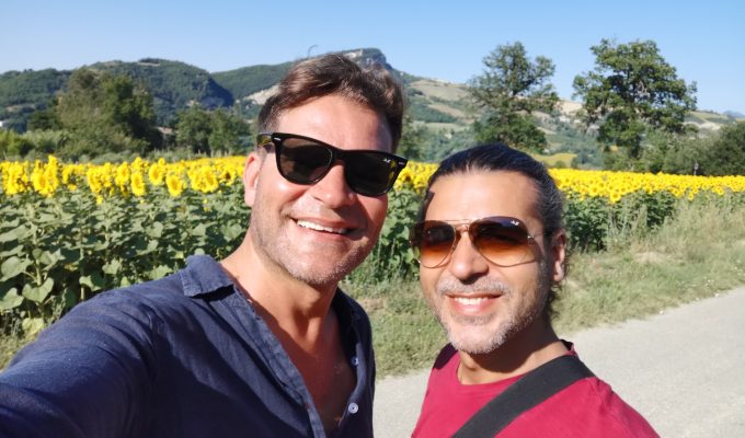 Gary and David of D&G Design in Marche Italy sunflower field