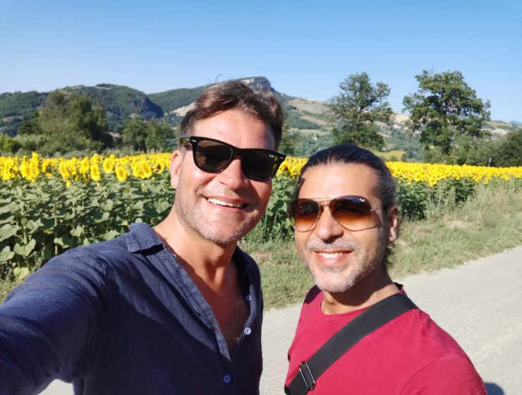 Gary and David of D&G Design in Marche Italy sunflower field