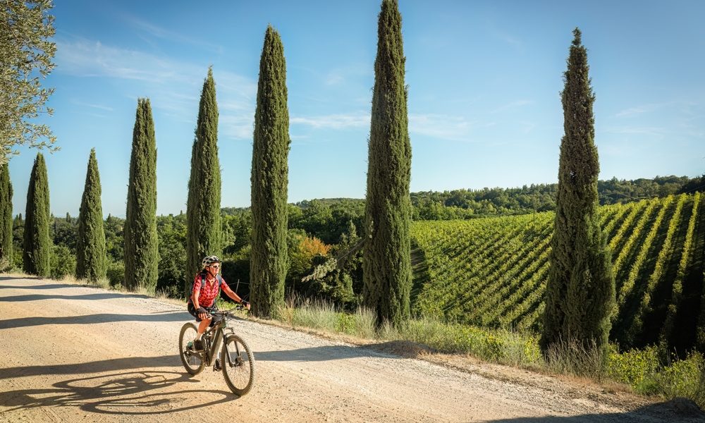woman riding a bike alongside Cypress tress in Tuscany.