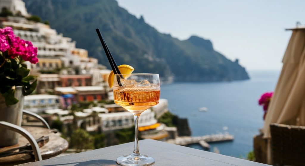 Amalfi Coast Cocktail Week: cocktail on table with Positano in the background