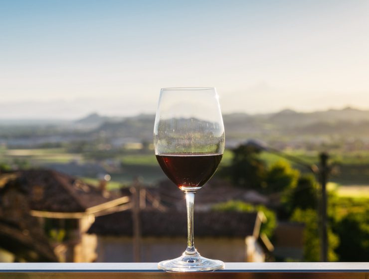 glass of red wine overlooking Piemonte