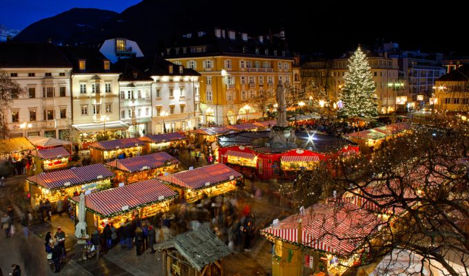 Christmas market Bolzano Italy aerial
