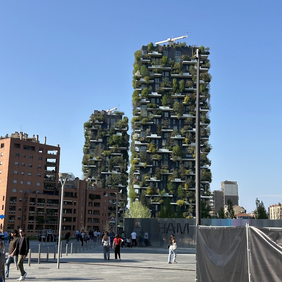 Stunning Bosco Verticale (Vertical Forest) towers viewed from the modern Piazza Gae Aulenti.