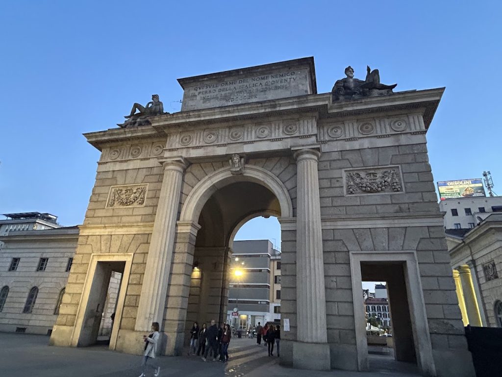 Historic 19th-century neoclassical arched gate, Porta Garibaldi, Milan.