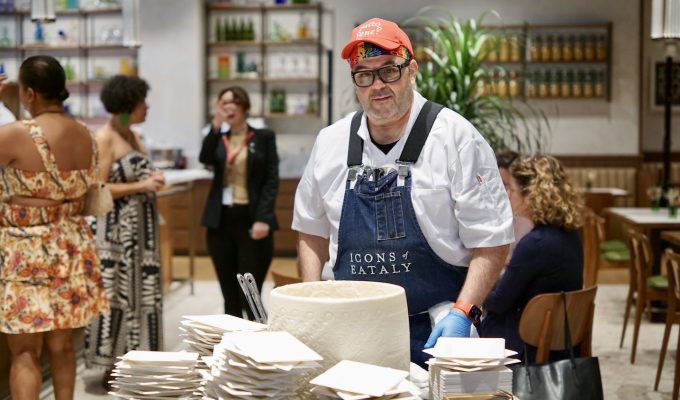 Eataly Aventura is open: Man in front of pasta wheel at Eataly grand opening in Miami