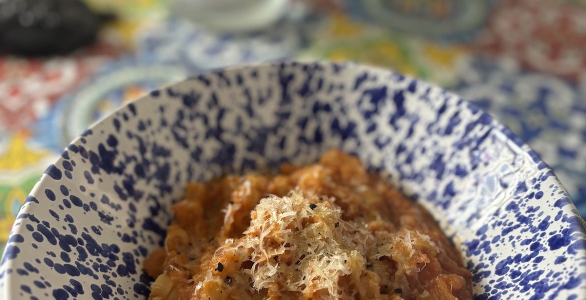Pasta e Ceci in blue and white bowl