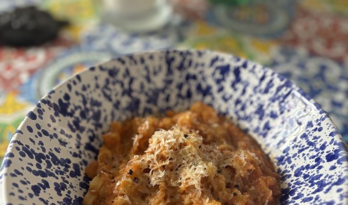 Pasta e Ceci in blue and white bowl