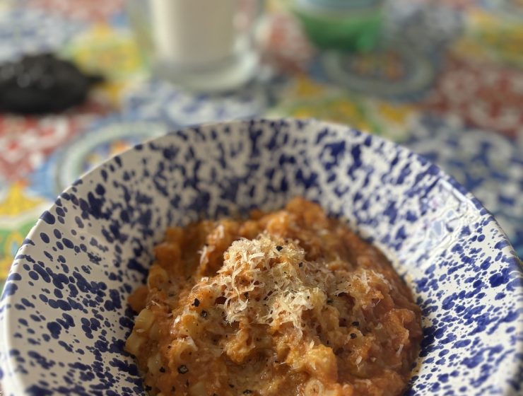 Pasta e Ceci in blue and white bowl