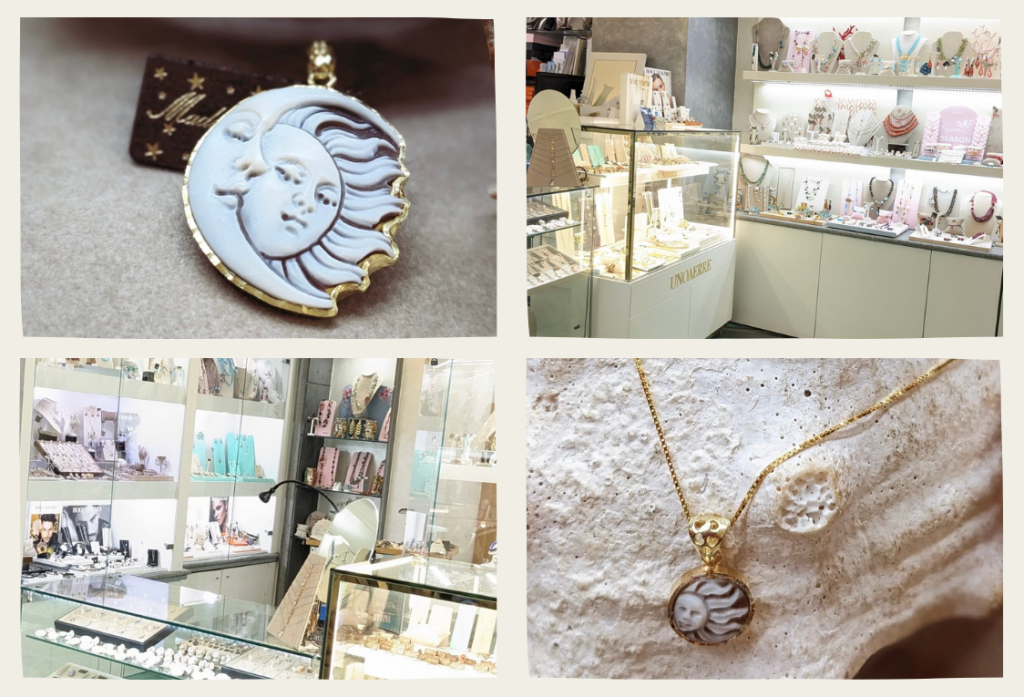 A collage of photos from the Sorrento New Style shop, displaying various types of jewelry merchandise, including handmade cameos, red coral, turquoise, and pearls, for a guide on where to shop in Sorrento.