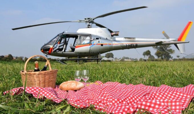 helicopter on green field with picnic basket in foreground