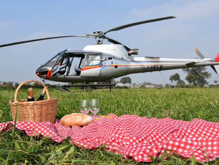 helicopter on green field with picnic basket in foreground