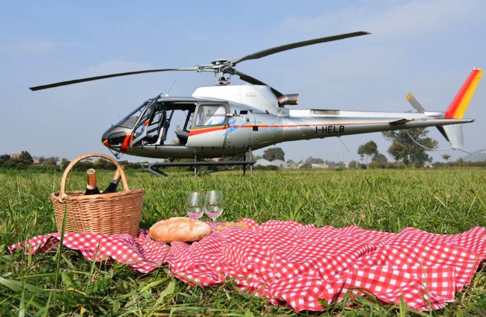 helicopter on green field with picnic basket in foreground