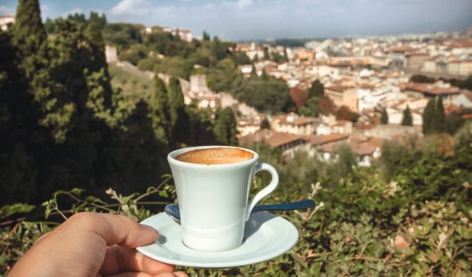 Italian Coffee Culture - espresso over cityscape of Florence, Italy