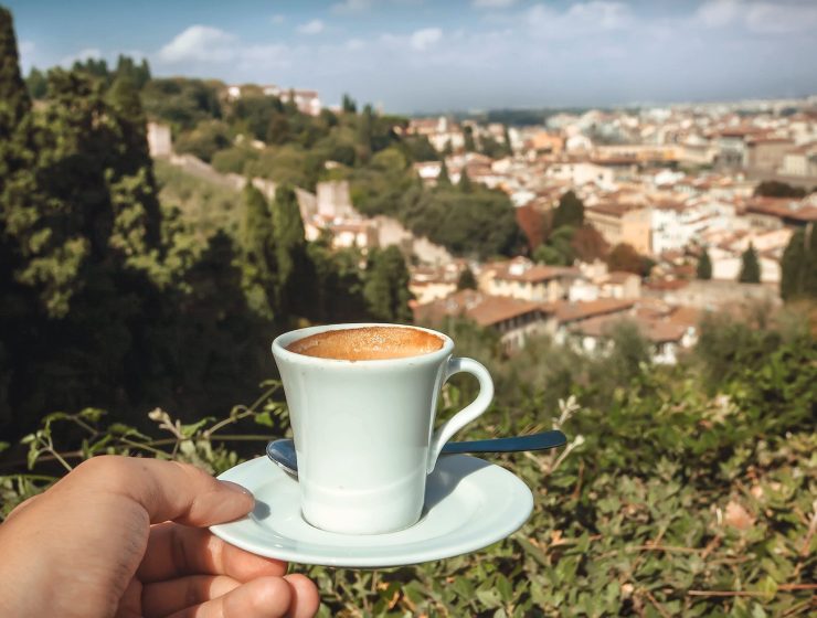 Italian Coffee Culture - espresso over cityscape of Florence, Italy