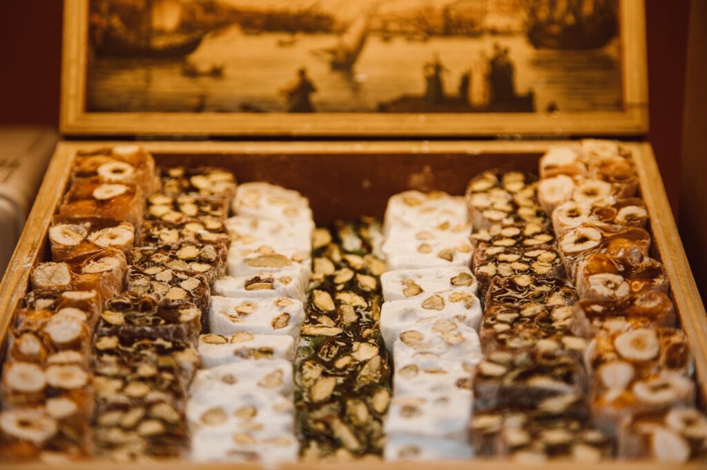 Box of Italian torrone nougat for easy Italian holiday entertaining