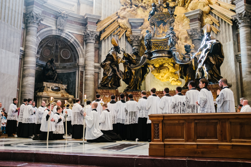 Rome-Italy-10-24-2015. Holy Pontifical Mass in an ancient rite at the Saint Peter's Chair, Mass in Latin, in the Basilica of Saint Peter's in the Vatican, pilgrimage summorum pontificum