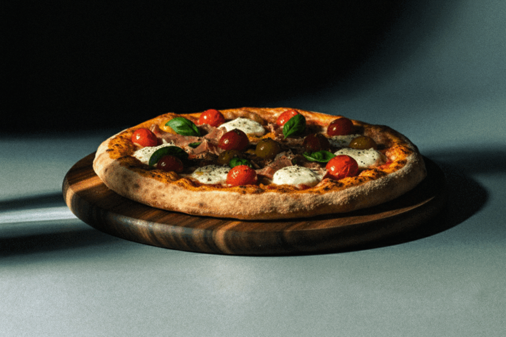 A Neapolitan-style pizza by Francesco Martucci topped with cherry tomatoes, fresh basil, and mozzarella.