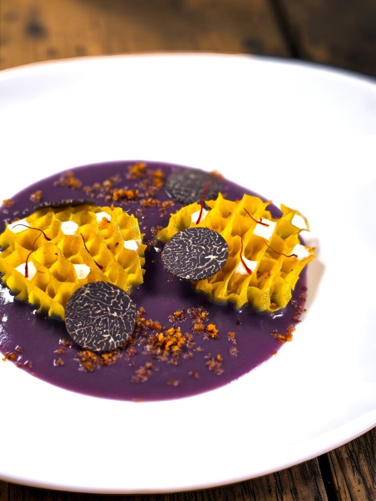 Saffron beehive tripe on purple potato purée with black truffle and Parmigiano gelée for Festa della Donna