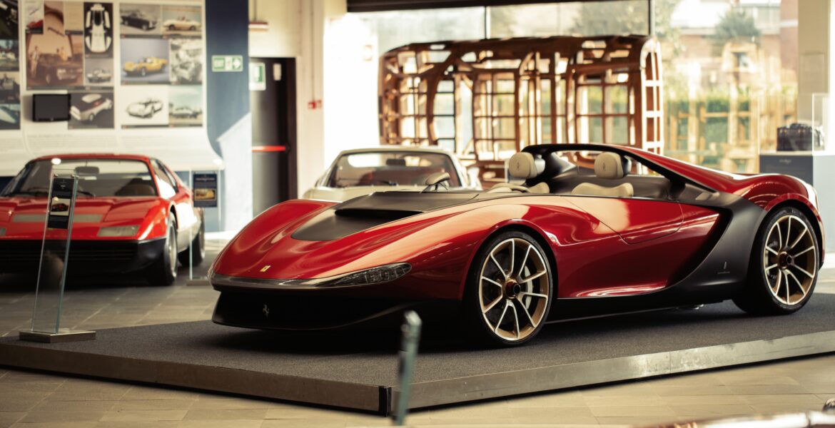 A Ferrari on display at the Pininfarina Collection in Cambiano, Italy.