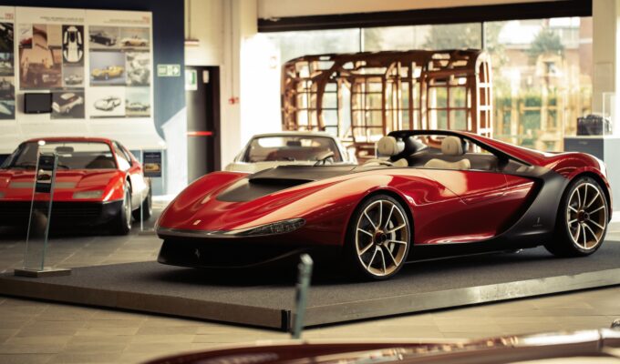 A Ferrari on display at the Pininfarina Collection in Cambiano, Italy.
