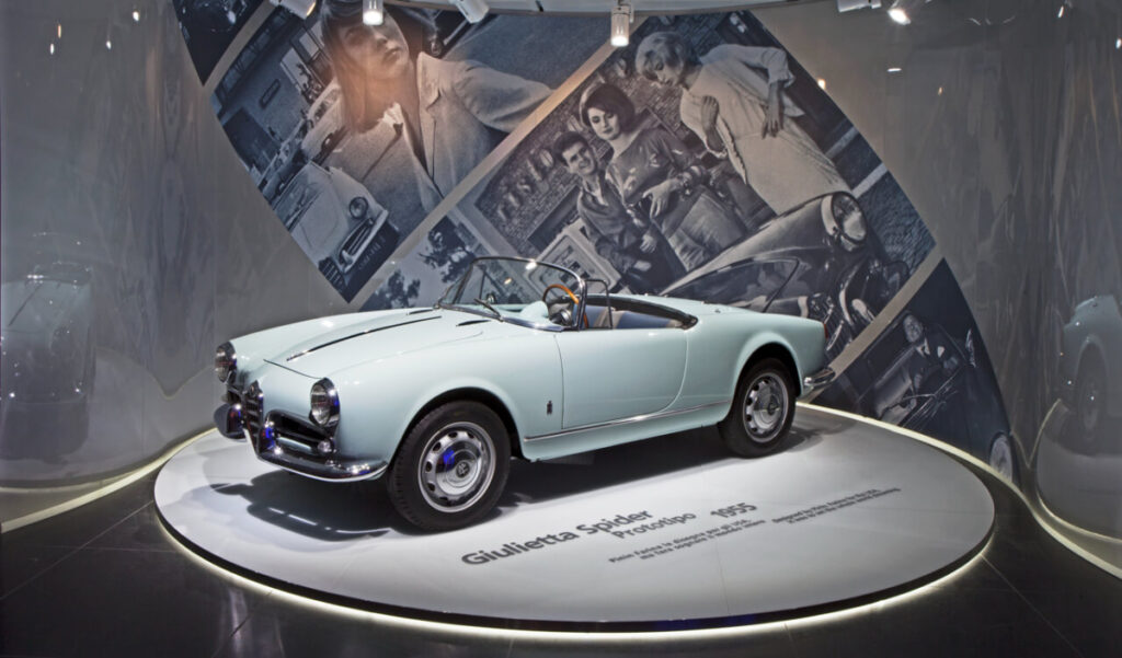 The 1955 Alfa Romeo Giulietta Spider on display at the Alfa Romeo museum.