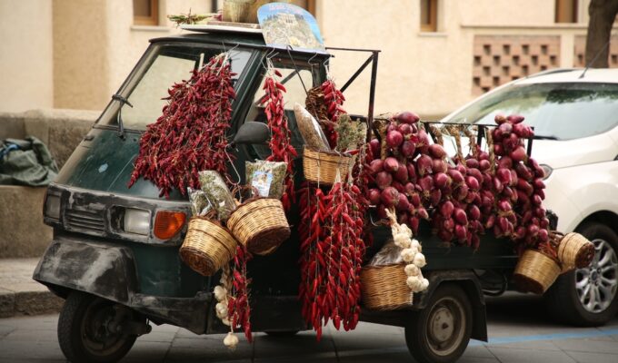 small truck with peppers, garlic, and onions in Calabria
