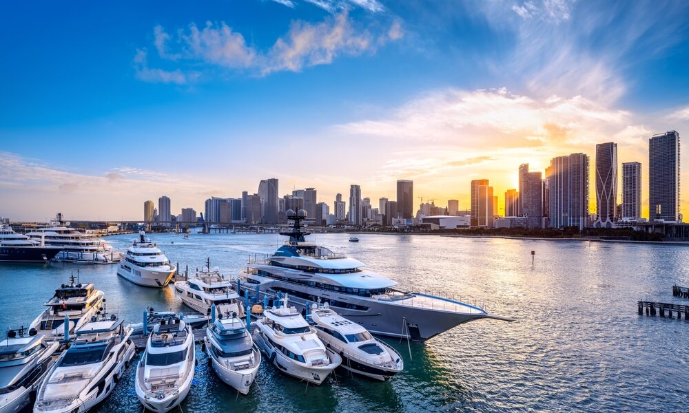 boats and background of Biscayne Bay and Downtown Miami skyline