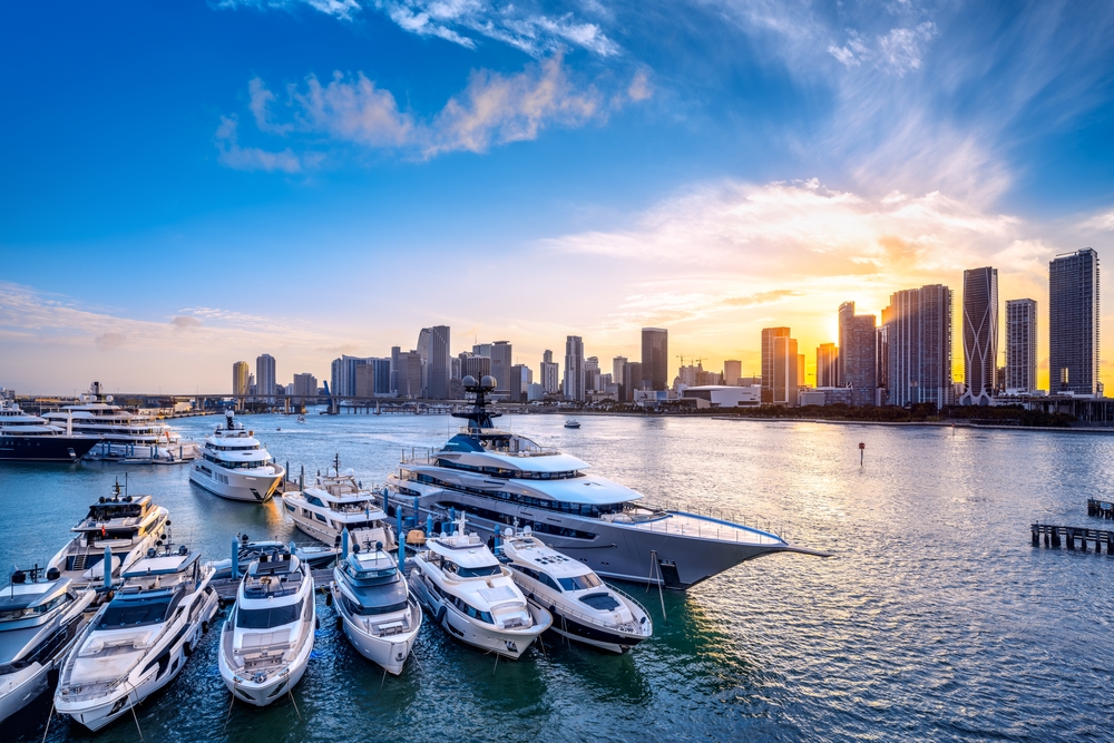 boats and background of Biscayne Bay and Downtown Miami skyline