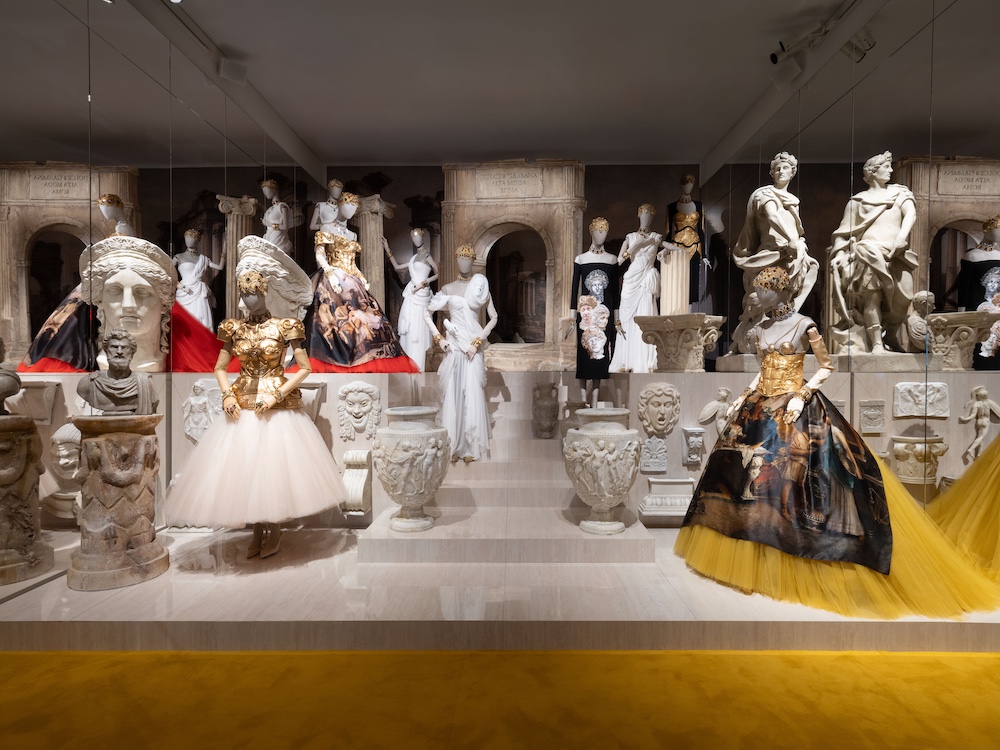 Roman-inspired Alta Moda gowns featured in From the Heart to the Hands: Dolce & Gabbana at ICA Miami, exploring Italian history, mythology, and theatrical craftsmanship.