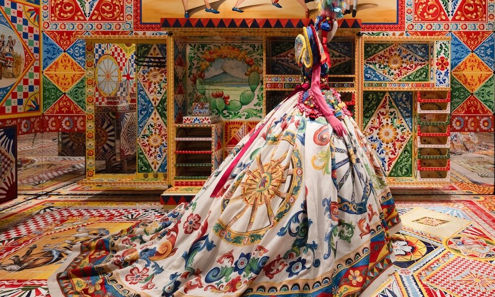 Sicilian-inspired Dolce & Gabbana Alta Moda gown featured in From the Heart to the Hands exhibition at ICA Miami, showcasing Italian craftsmanship, folklore, and colorful Sicilian traditions.
