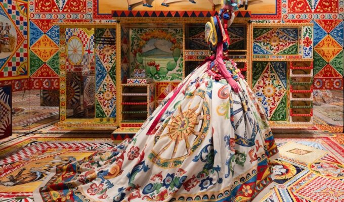 Sicilian-inspired Dolce & Gabbana Alta Moda gown featured in From the Heart to the Hands exhibition at ICA Miami, showcasing Italian craftsmanship, folklore, and colorful Sicilian traditions.